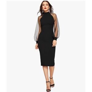 Women's Mock Neck Long‎ Mesh Sleeve Zipper Back Sheath Dress Medium Black Tie